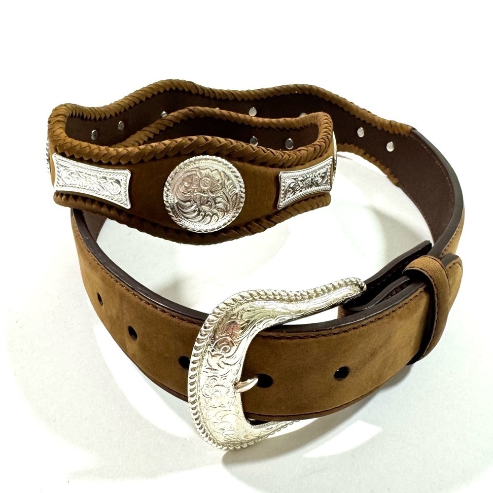 3D Mens Brown Leather Western Belt Braided Edge Silver Tone Embellishing